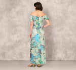 Off Shoulder Floral Jacquard Pleated Gown In Blue Multi 5