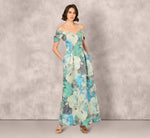 Off Shoulder Floral Jacquard Pleated Gown In Blue Multi 2