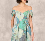 Off Shoulder Floral Jacquard Pleated Gown In Blue Multi 3