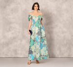 Off Shoulder Floral Jacquard Pleated Gown In Blue Multi 1
