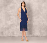 Sleeveless Beaded Organza Hem Halter Midi Dress In Navy 2