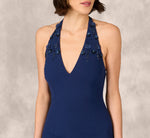 Sleeveless Beaded Organza Hem Halter Midi Dress In Navy 3