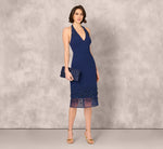 Sleeveless Beaded Organza Hem Halter Midi Dress In Navy 1
