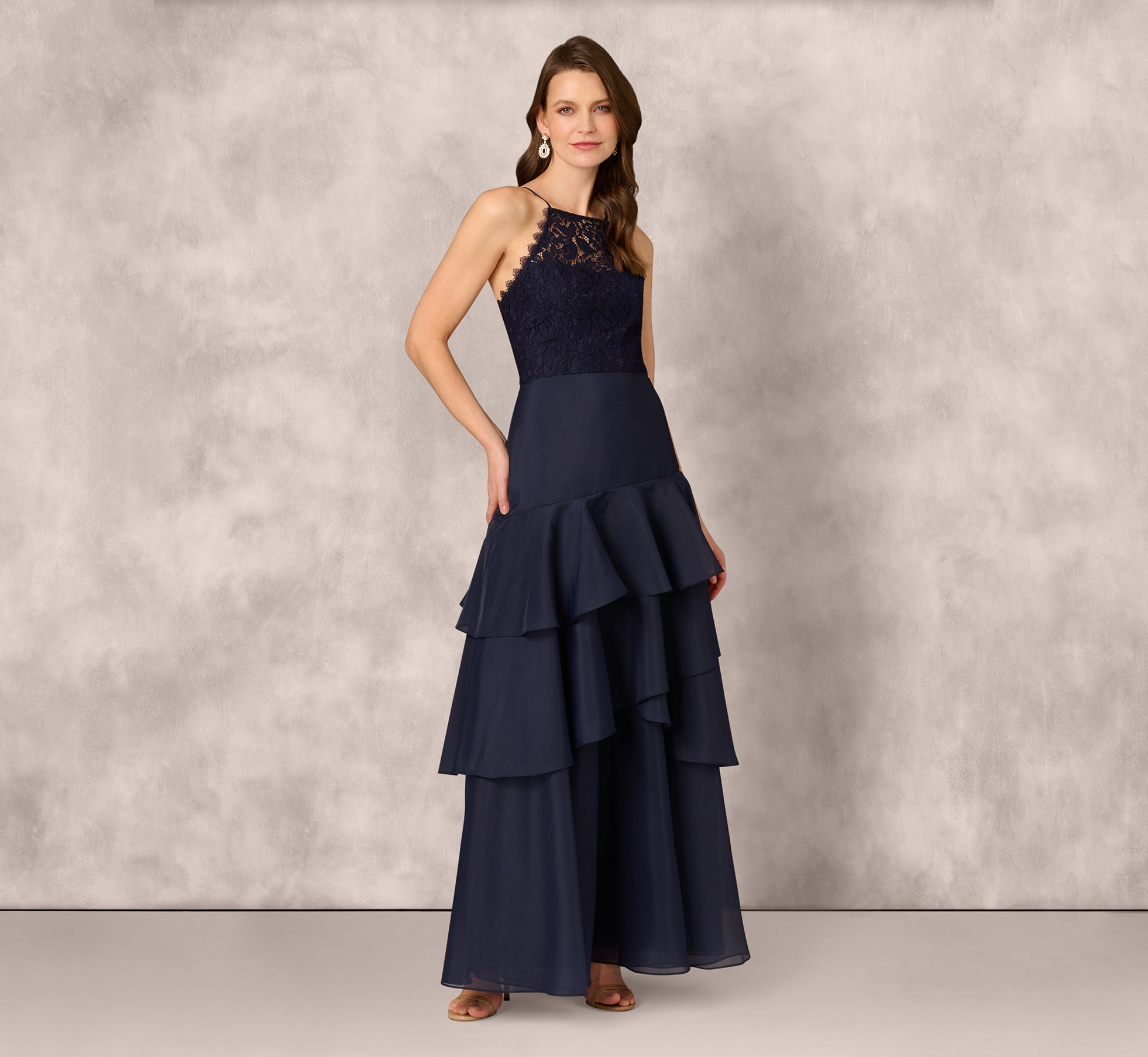 Navy Lace Organza Halter Ballgown - Adrianna Papell Navy Lace Organza Halter Ballgown - Adrianna Papell