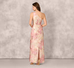 One Shoulder Pleated Jacquard Column Gown In Pink Multi 6