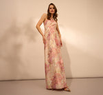 One Shoulder Pleated Jacquard Column Gown In Pink Multi 1