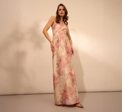 One Shoulder Pleated Jacquard Column Gown In Pink Multi - Adrianna
