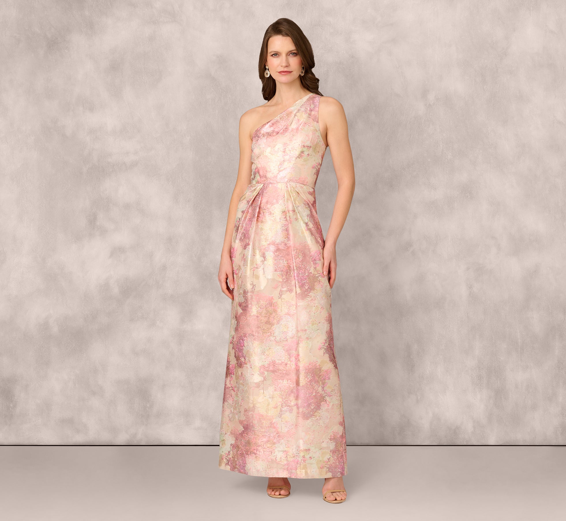 One Shoulder Pleated Jacquard Column Gown In Pink Multi - Adrianna