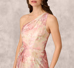 One Shoulder Pleated Jacquard Column Gown In Pink Multi 4