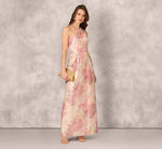 One Shoulder Pleated Jacquard Column Gown In Pink Multi 2