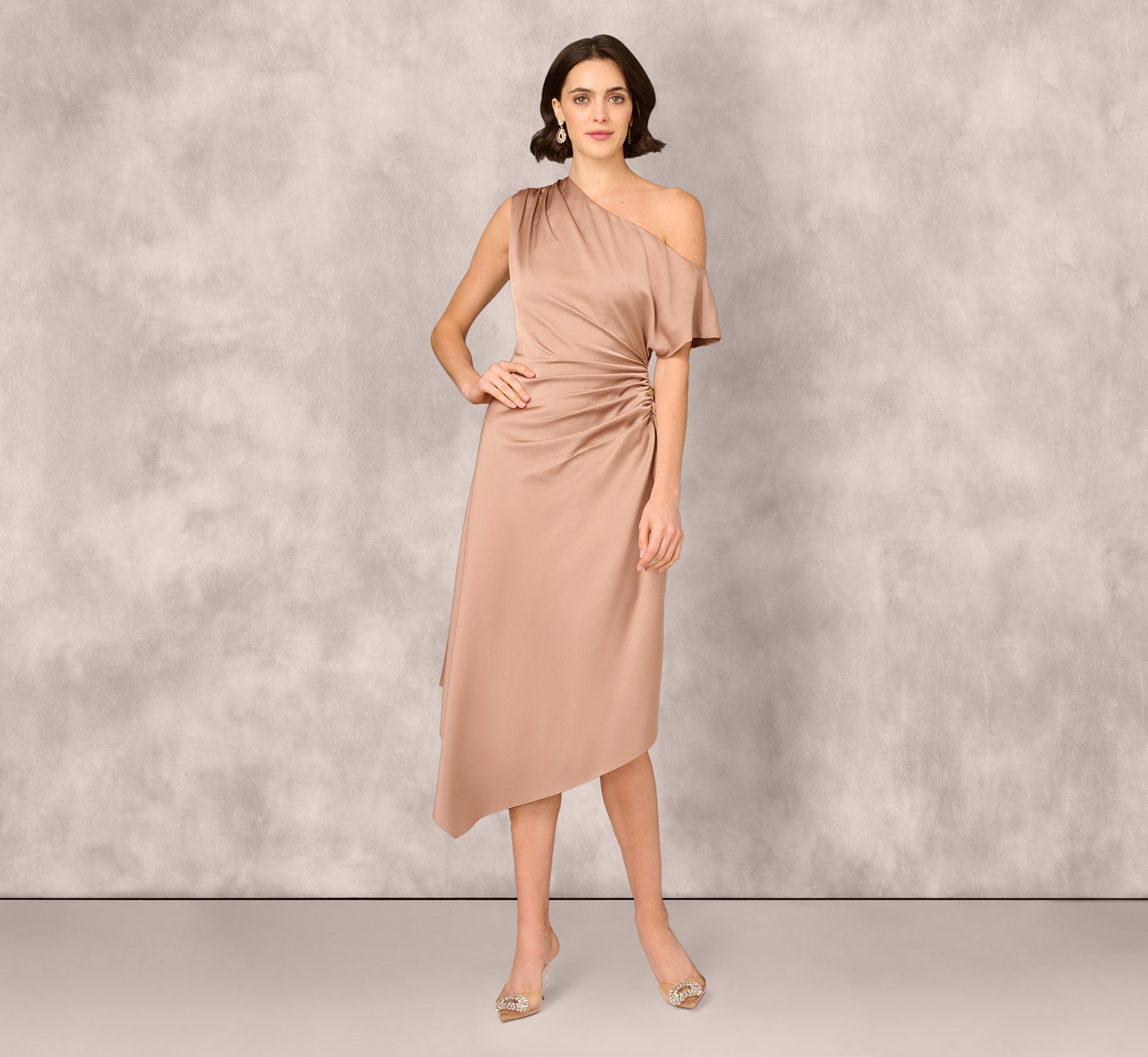 navy blue dress for baby girl Cafe Mocha One Shoulder Asymmetrical Draped Satin Midi Dress