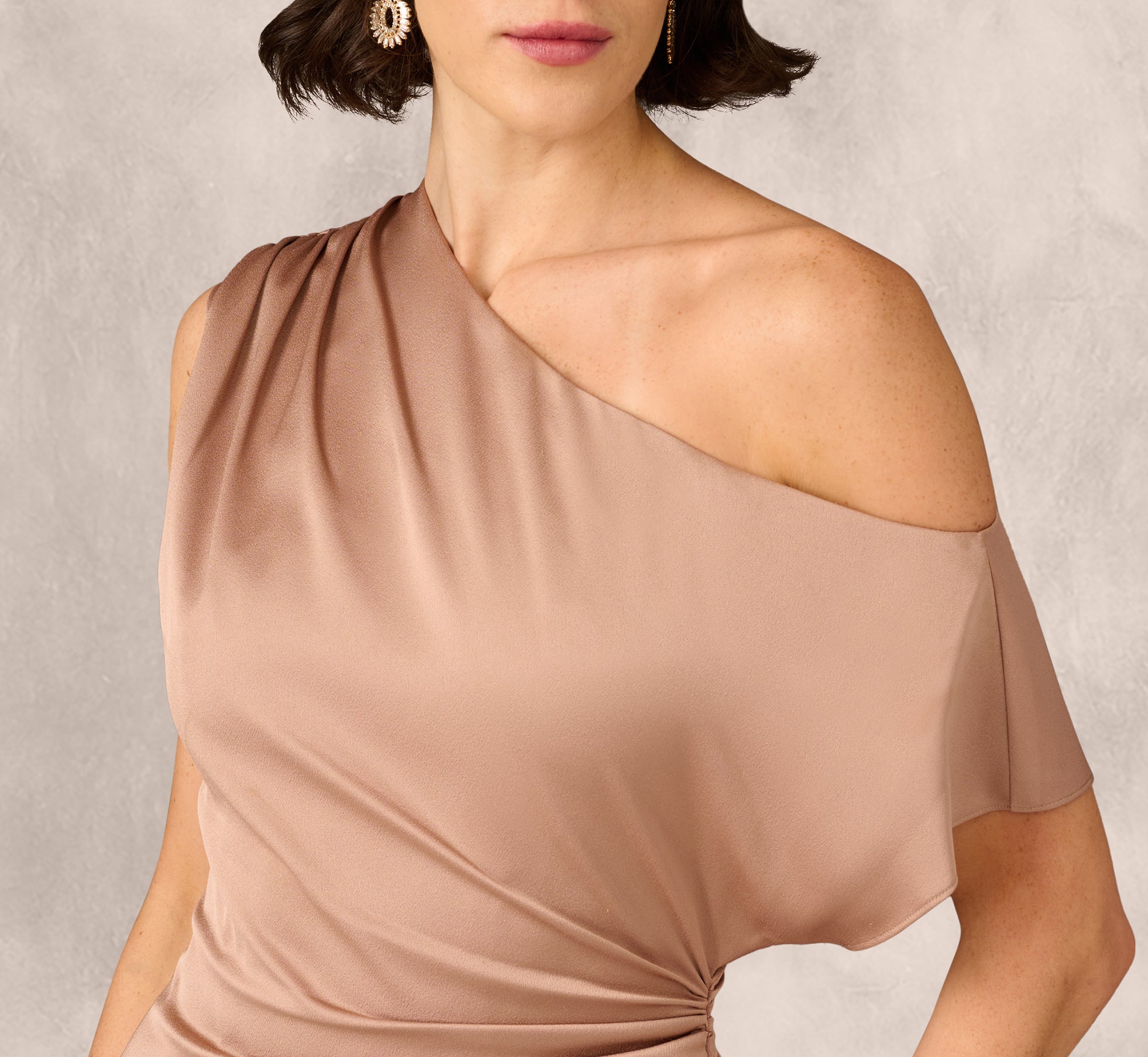 Brown One Shoulder Asymmetrical Draped Satin Midi Dress - Adrianna Papell Brown One Shoulder Asymmetrical Draped Satin Midi Dress - Adrianna Papell