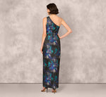 One Shoulder Floral Jacquard Belted Gown In Blue Multi 5