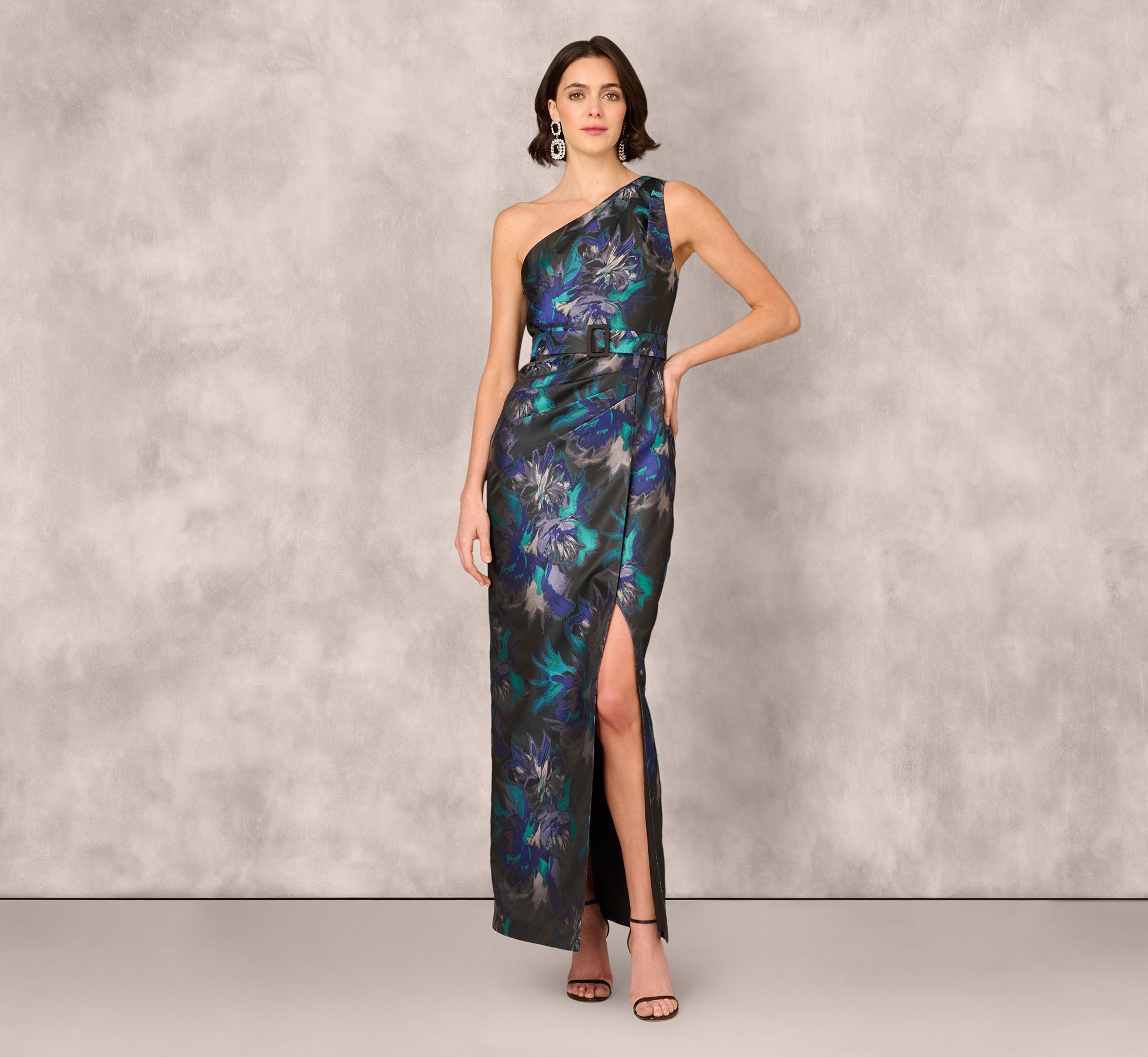 airly one shoulder midi dress - blue jacquard Navy Blue Maxi Dress - One-Shoulder Gown - Floral Jacquard Dress