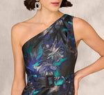 One Shoulder Floral Jacquard Belted Gown In Blue Multi 3