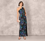 One Shoulder Floral Jacquard Belted Gown In Blue Multi 1