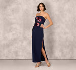 Strapless Floral Sequin Beaded Column Gown In Navy 2