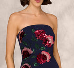 Strapless Floral Sequin Beaded Column Gown In Navy 3