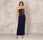 Strapless Floral Sequin Beaded Column Gown In Navy 1