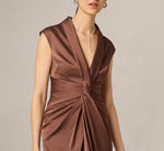 Twist Front Satin High Low Midi Dress In Espresso 3