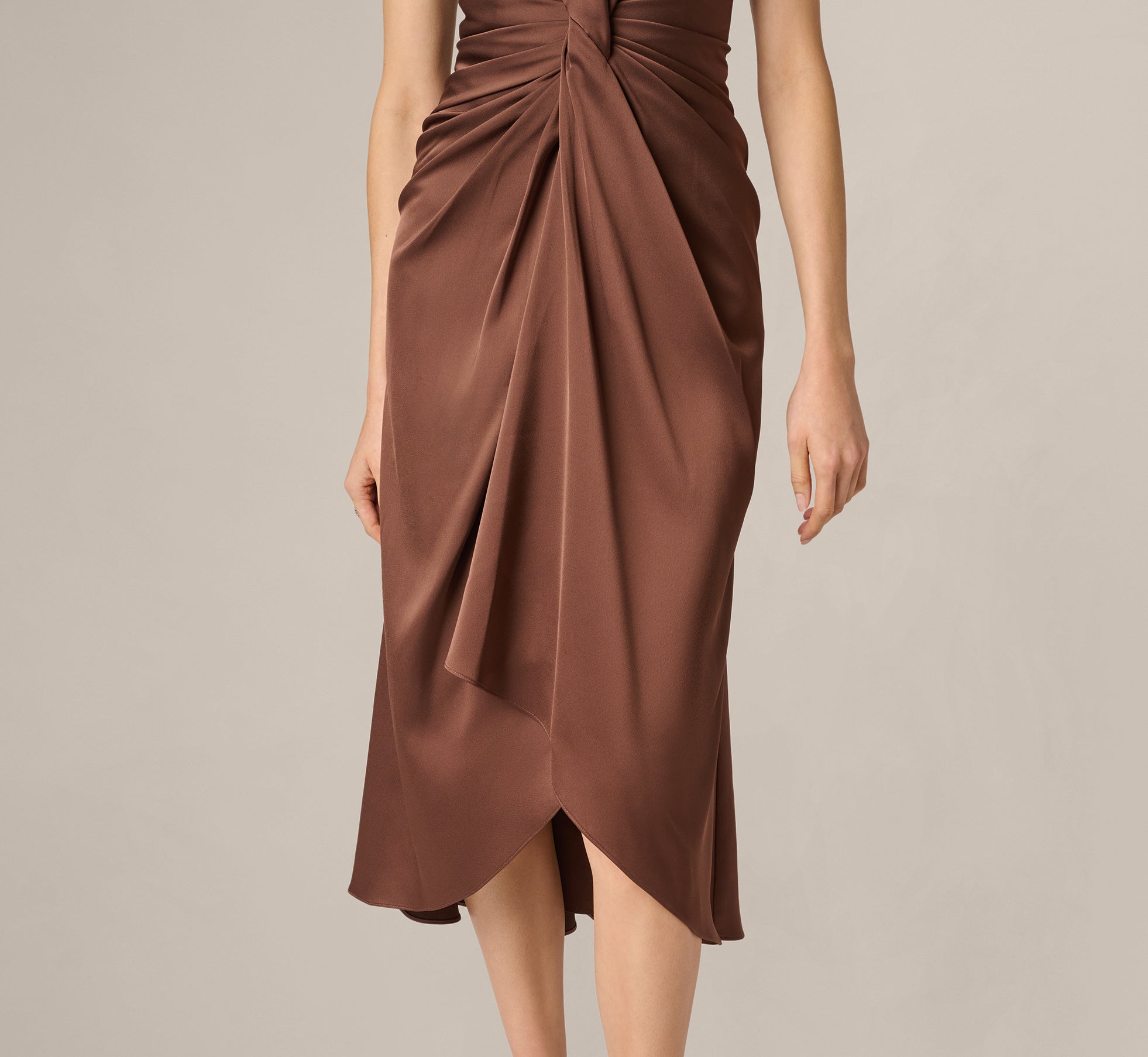 Brown Twist Front Satin High Low Midi Dress Brown Twist Front Satin High Low Midi Dress