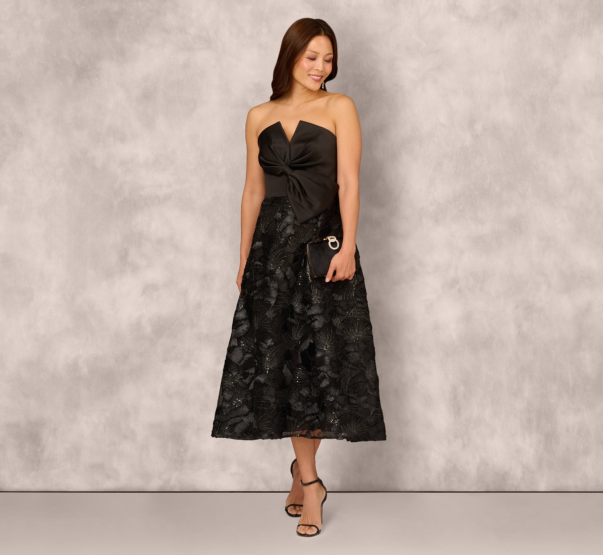 Strapless Satin Beaded Midi Gown In Black 1