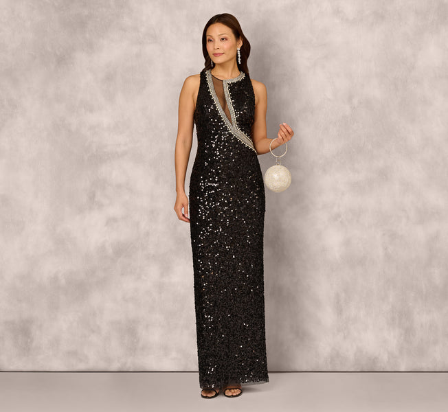 Sleeveless Asymmetrical Illusion Sequin Gown In Black Adrianna