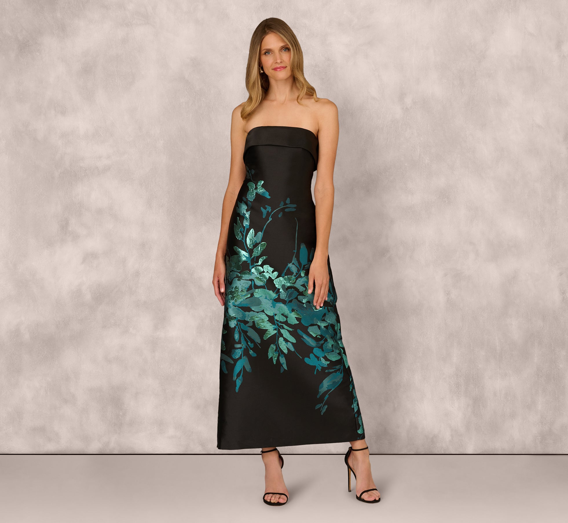 andrea jacquard maxi cocktail dress Aidan Mattox Woven Jacquard Gown - Black Teal