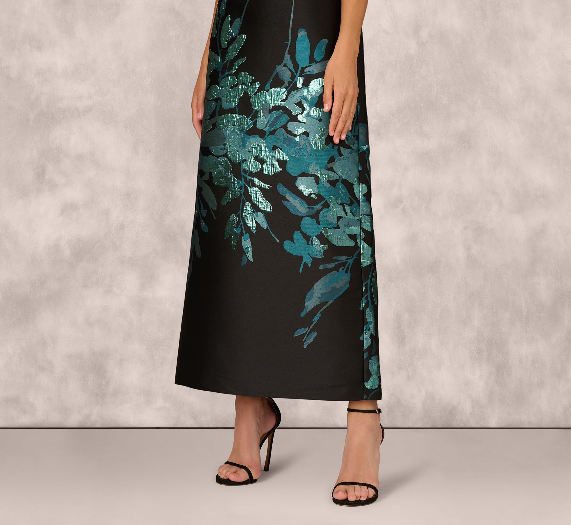 Black Sleeveless Metallic Floral Jacquard Gown - Adrianna Papell