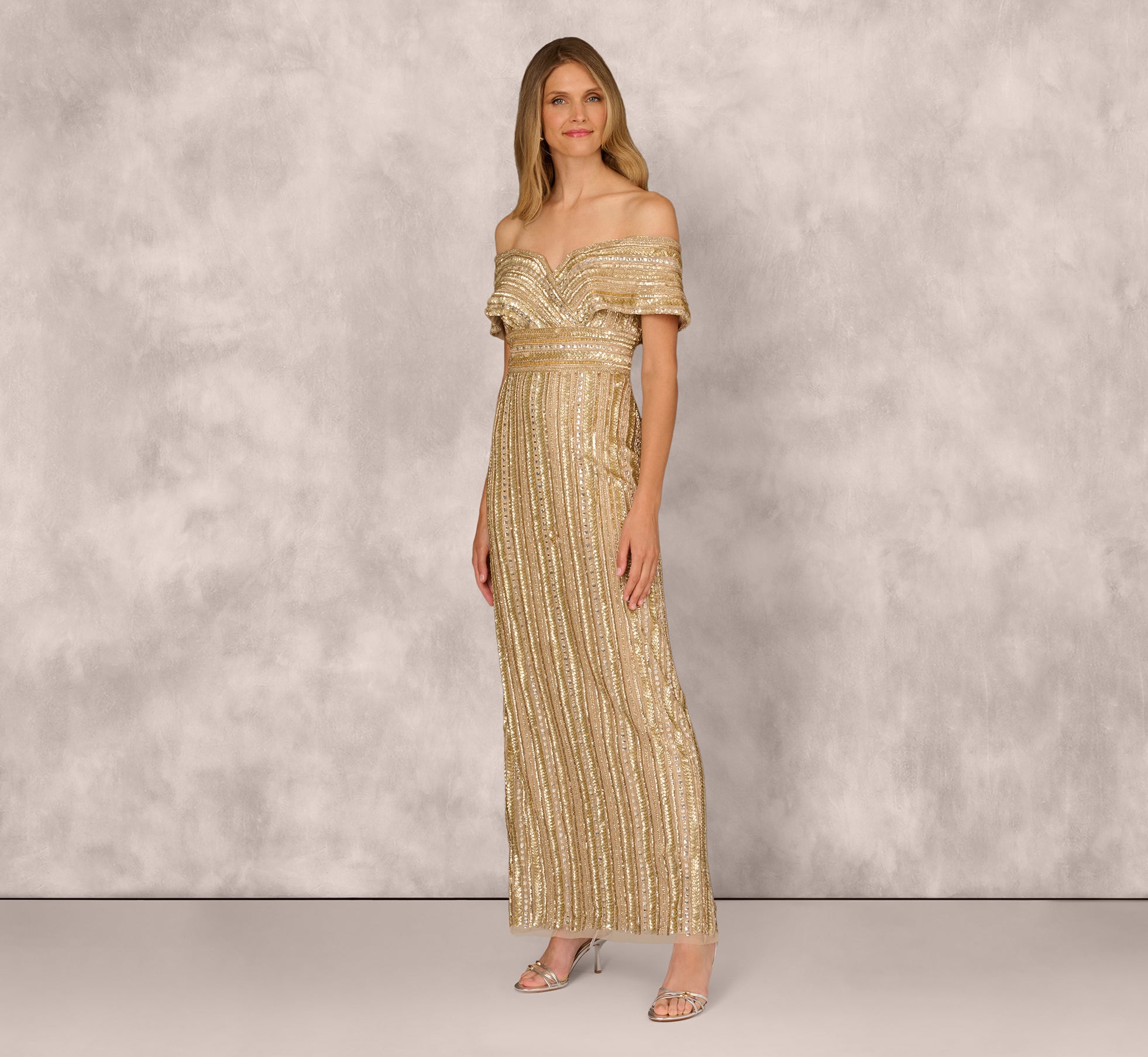 Aidan Mattox Beaded Off Shoulder Dress - Gold - 6