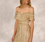 Off Shoulder Sequin Bead Column Gown In Gold 3