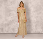 Off Shoulder Sequin Bead Column Gown In Gold 1