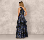 One Shoulder Floral Jacquard Flounce Ballgown In Navy Multi 5