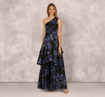 One Shoulder Floral Jacquard Flounce Ballgown In Navy Multi 2