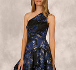 One Shoulder Floral Jacquard Flounce Ballgown In Navy Multi 3