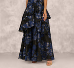 One Shoulder Floral Jacquard Flounce Ballgown In Navy Multi 4