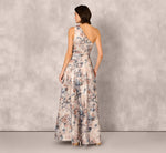 One Shoulder Floral Jacquard Ruffle Gown In Blue Multi 5