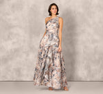 One Shoulder Floral Jacquard Ruffle Gown In Blue Multi 2