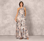 One Shoulder Floral Jacquard Ruffle Gown In Blue Multi 1