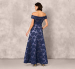 Off Shoulder Textured Floral Jacquard Gown In Navy 5