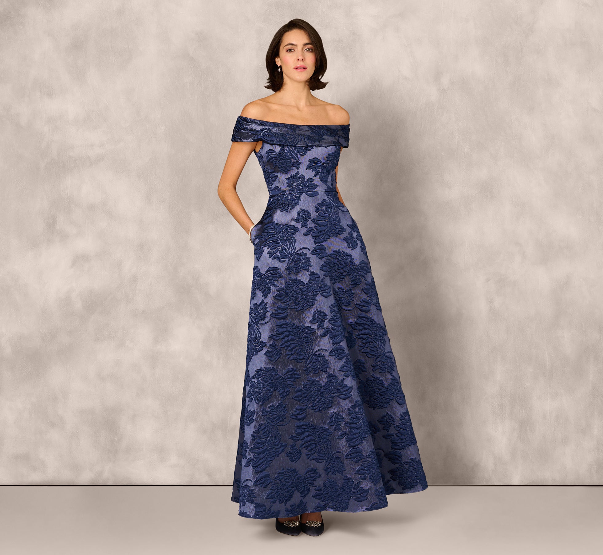 Aidan Mattox Off-shoulder Floral Jacquard Gown - Navy Aidan Mattox Off-shoulder Floral Jacquard Gown - Navy