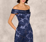Off Shoulder Textured Floral Jacquard Gown In Navy 4