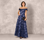 Off Shoulder Textured Floral Jacquard Gown In Navy 1