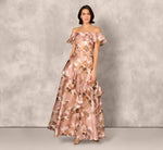 Off Shoulder Floral Jacquard Flounce Gown In Blush Multi 2