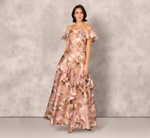 Multi Colored Off Shoulder Floral Jacquard Flounce Gown - Adrianna Papell