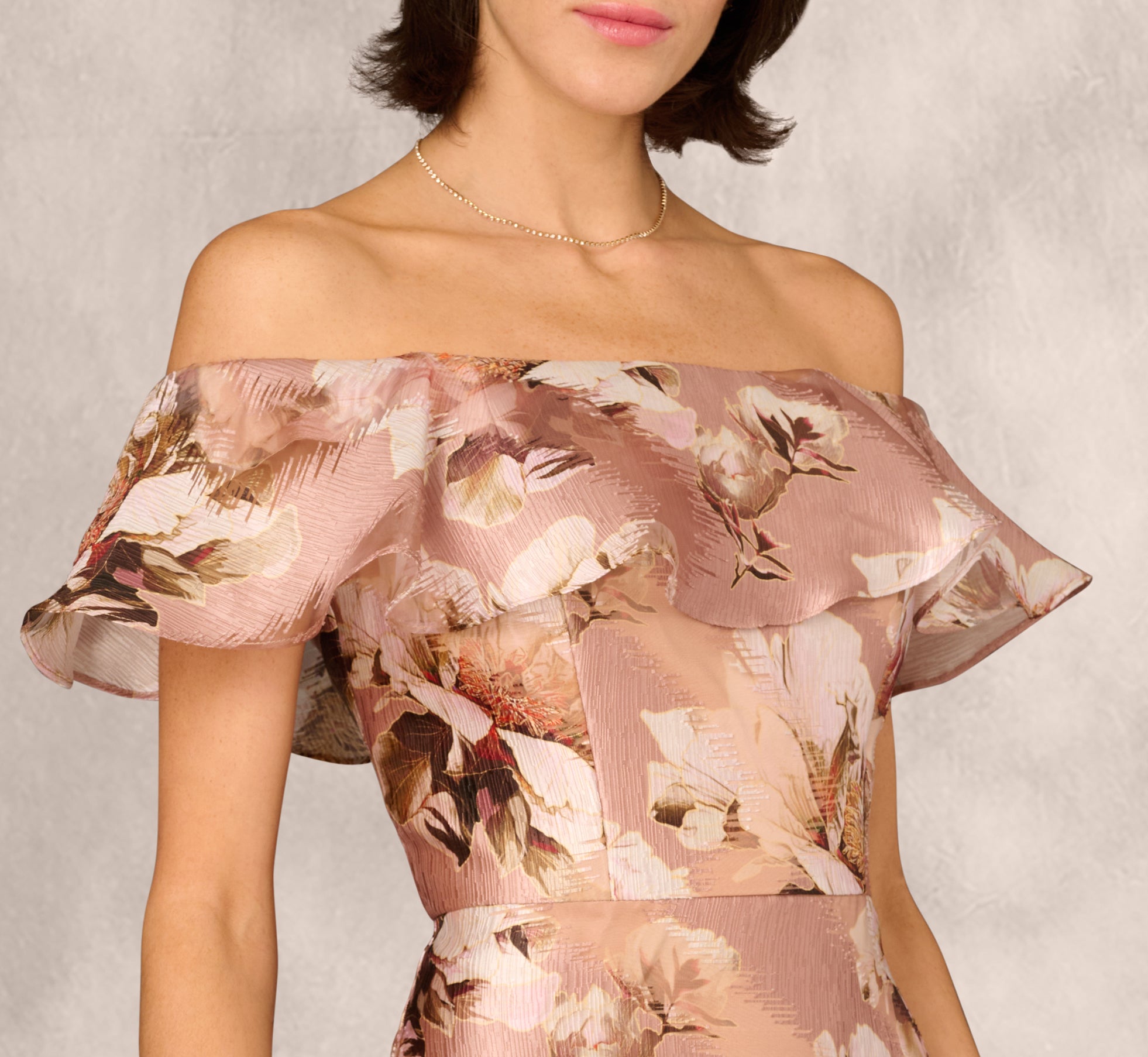 Multi Colored Off Shoulder Floral Jacquard Flounce Gown