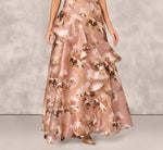 Off Shoulder Floral Jacquard Flounce Gown In Blush Multi 4