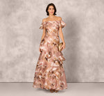 Off Shoulder Floral Jacquard Flounce Gown In Blush Multi 1