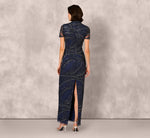Short Sleeve Beaded Column Gown In Navy 5
