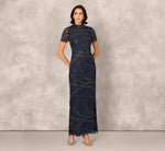Short Sleeve Beaded Column Gown In Navy 2